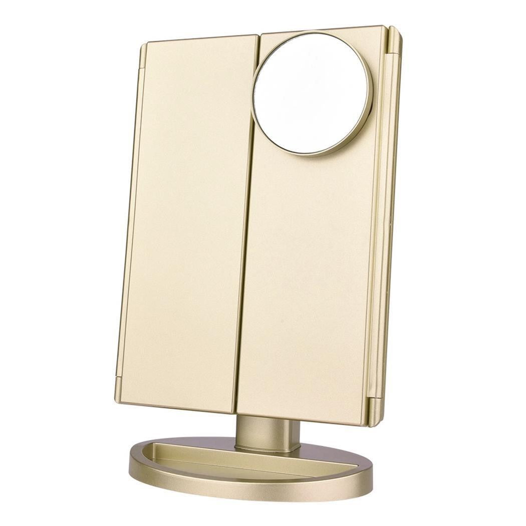 Tri-fold Makeup Mirror with LED Lights, with a gold color
