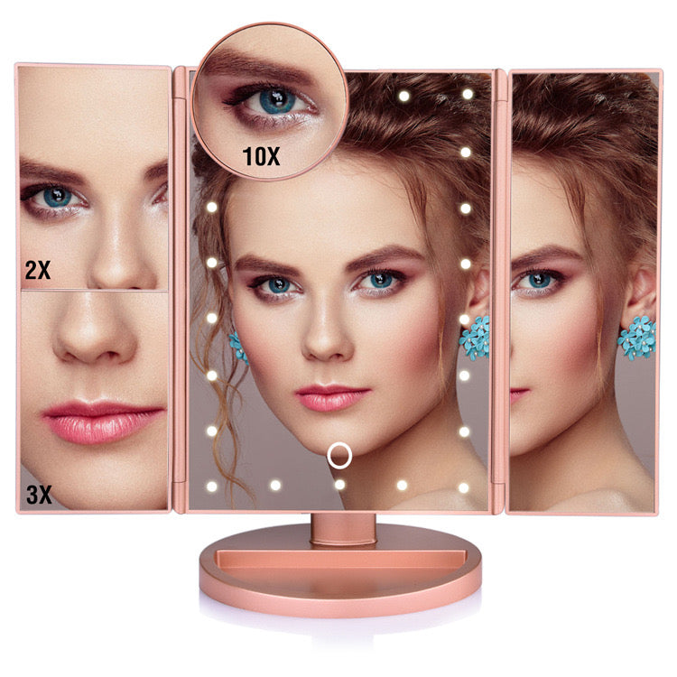 Tri-fold Makeup Mirror with LED Lights - 1x/2x/3x Magnification, Illuminated Vanity Cosmetic Mirror Tri-fold Makeup Mirror with LED Lights - 1x/2x/3x Magnification, Illuminated Vanity Cosmetic Mirror