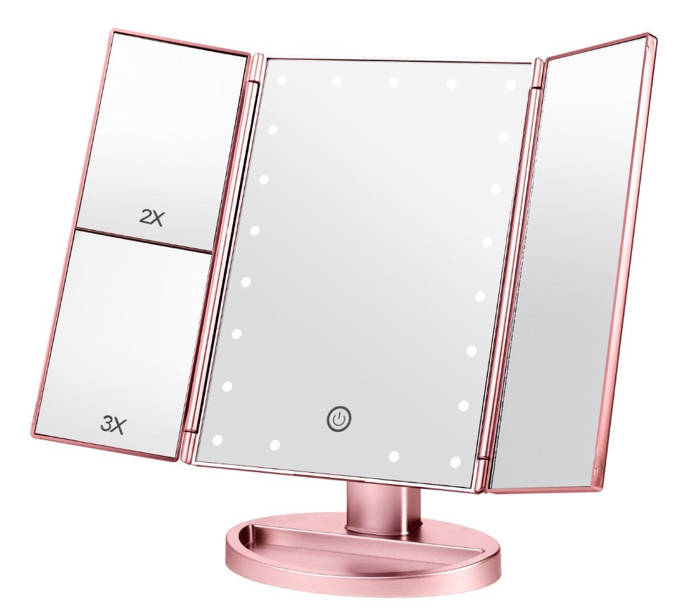 Tri-fold Makeup Mirror with LED Lights - 1x/2x/3x Magnification, Illuminated Vanity Cosmetic Mirror Tri-fold Makeup Mirror with LED Lights - 1x/2x/3x Magnification, Illuminated Vanity Cosmetic Mirror