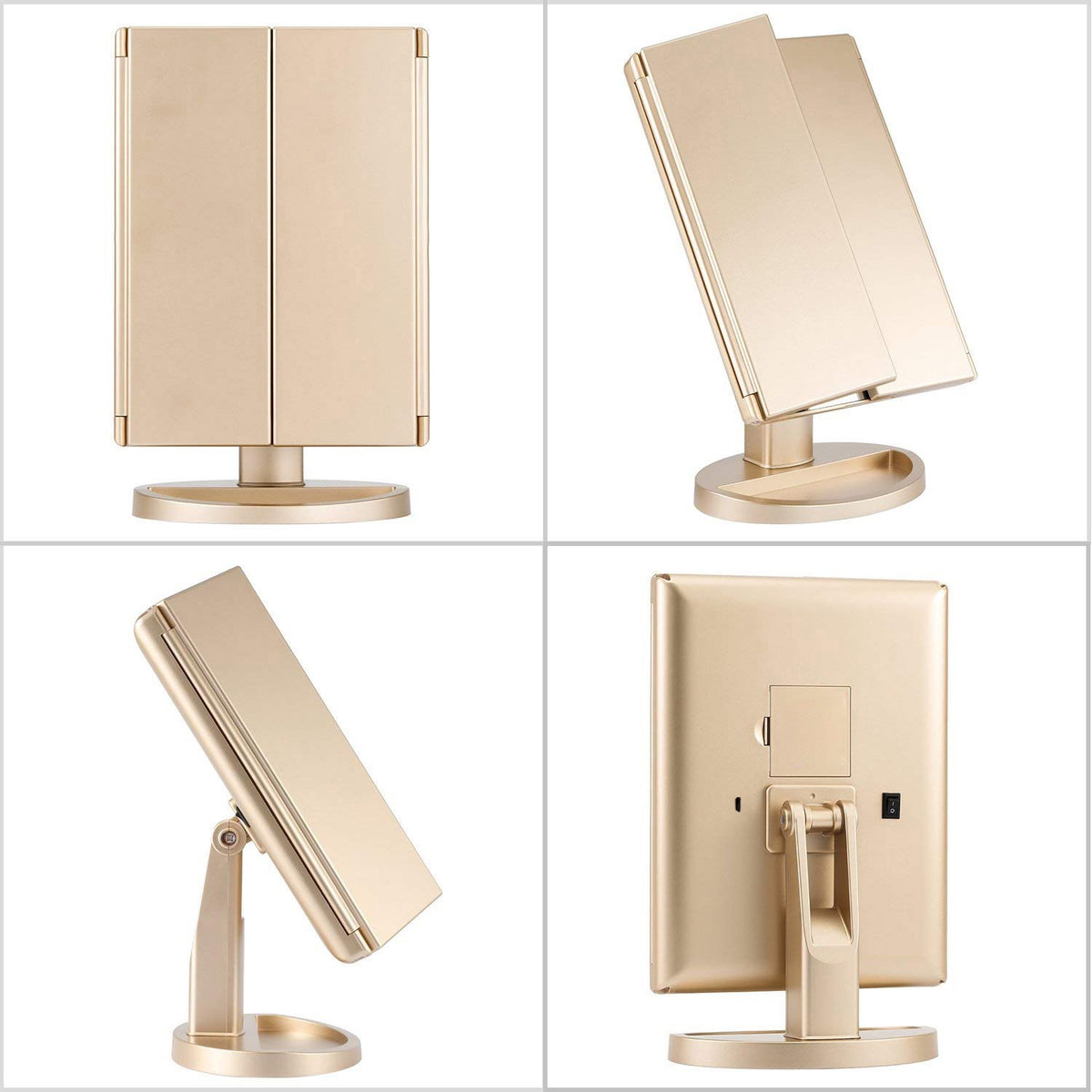 A collage showcasing different sides of the Tri-fold Makeup Mirror with LED Lights