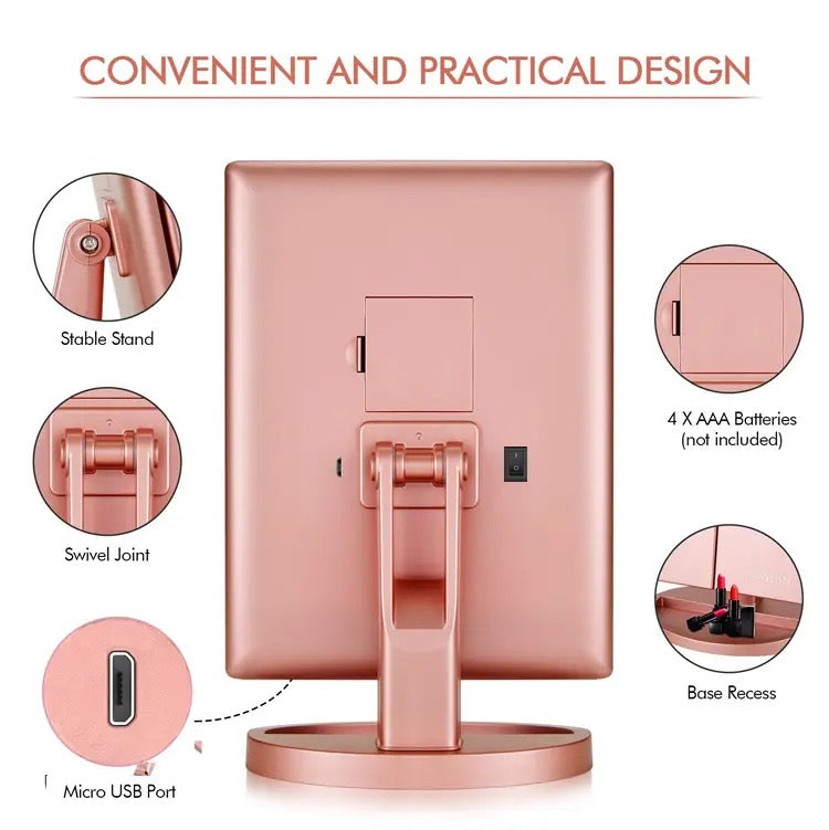 Showcasing a pink tri-fold makeup mirror with LED lights and 1x/2x/3x magnification, featuring a convenient and practical design
