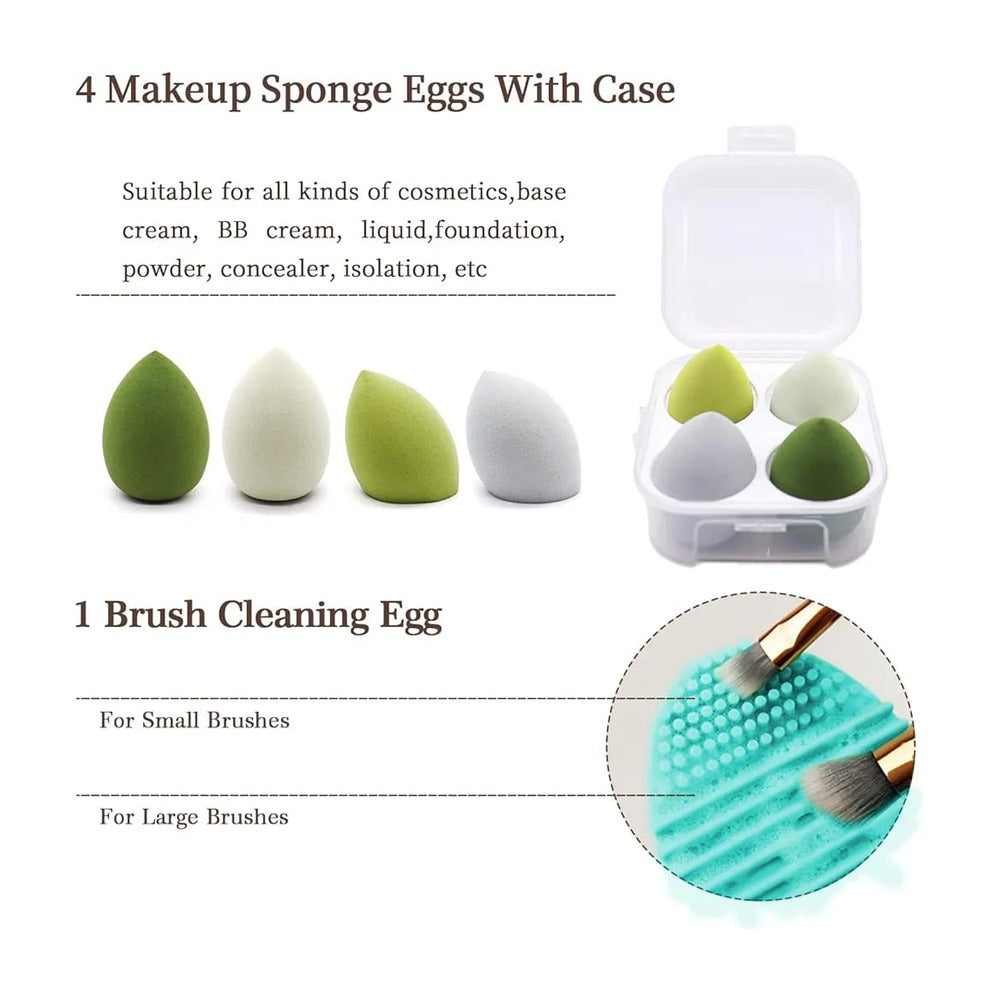 Showcasing 4 makeup sponge Egges with case and brush cleaning tool