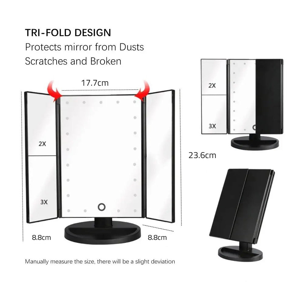 Tri-fold Makeup Mirror with LED Lights: Protects the mirror from dust and breakage