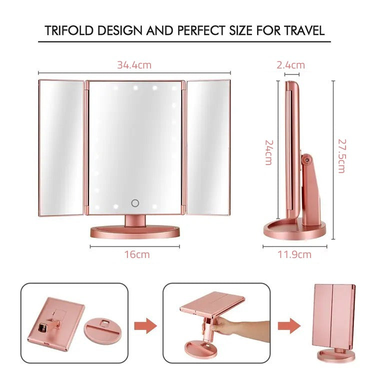Tri-fold Makeup Mirror with LED Lights: Trifold design and perfect size for traveling