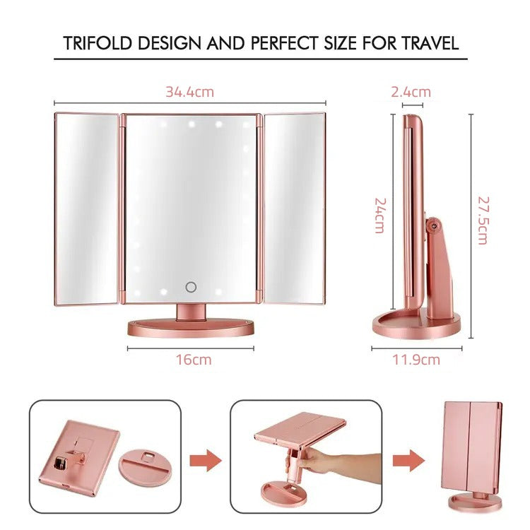 Tri-fold Makeup Mirror with LED Lights - 1x/2x/3x Magnification, Illuminated Vanity Cosmetic Mirror Tri-fold Makeup Mirror with LED Lights - 1x/2x/3x Magnification, Illuminated Vanity Cosmetic Mirror