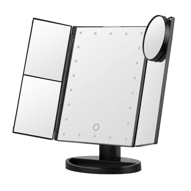 Black Tri-fold Makeup Mirror with LED Lights and three compartments