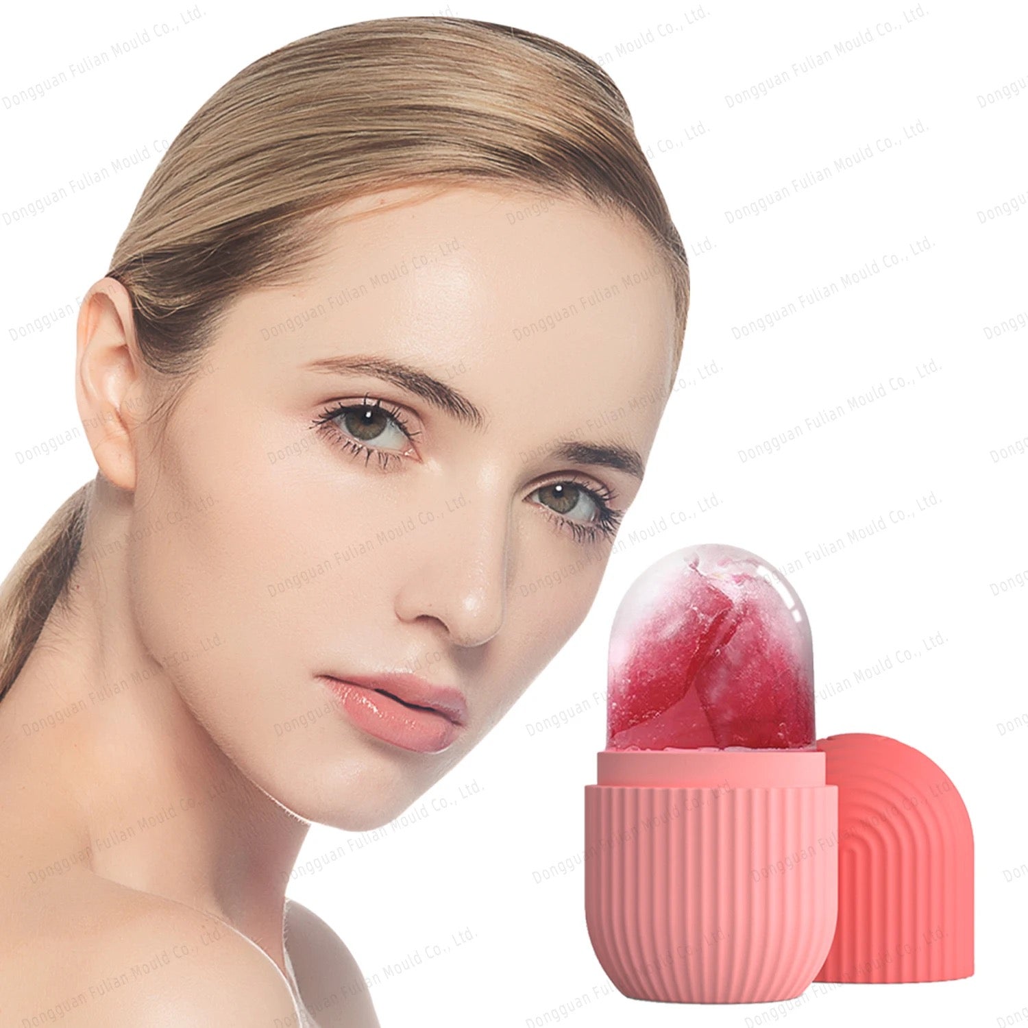 Silicone Ice Roller Massager in pink color next to a woman