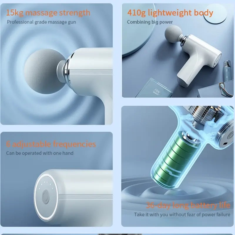 A collage showcasing different features of the Portable Mini Massage Gun