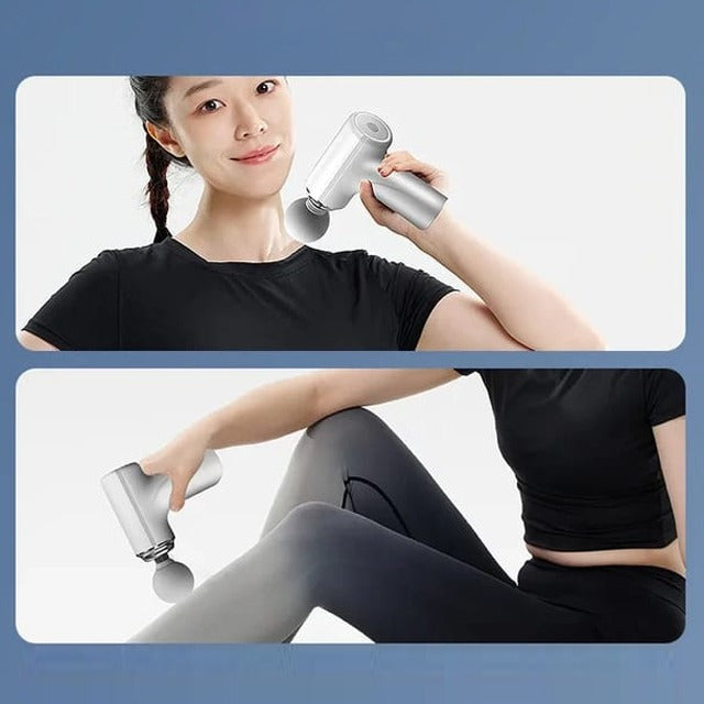 A woman using a Portable Mini Massage Gun