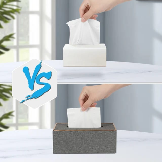Comparing taking tissue from the Rectangular Tissue Box Holder and a regular tissue box