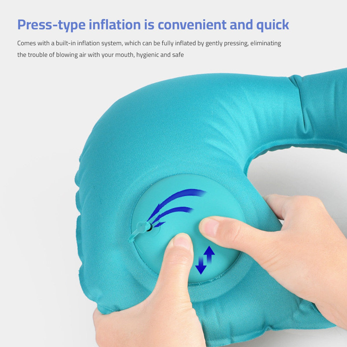 A person press to inflate  u shape travel neck pillow