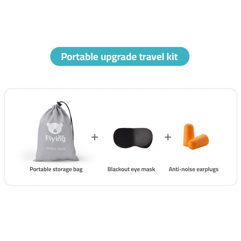 Portable upgrade travel kit featuring the Inflatable U-Shape Travel Neck Pillow, portable storage bag, blackout eye mask, and anti-noise earplugs
