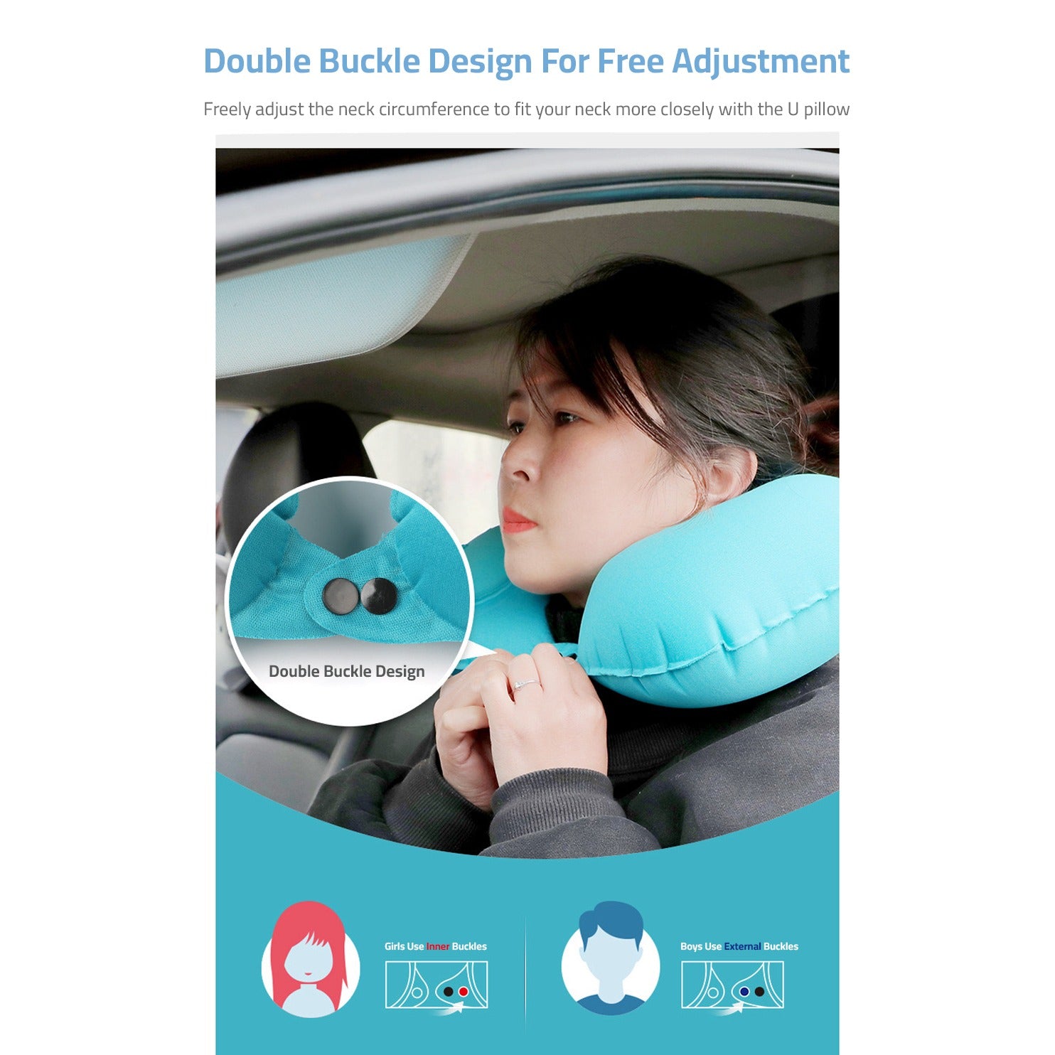 Inflatable U-Shape Travel Neck Pillow with a double buckle design for free adjustment