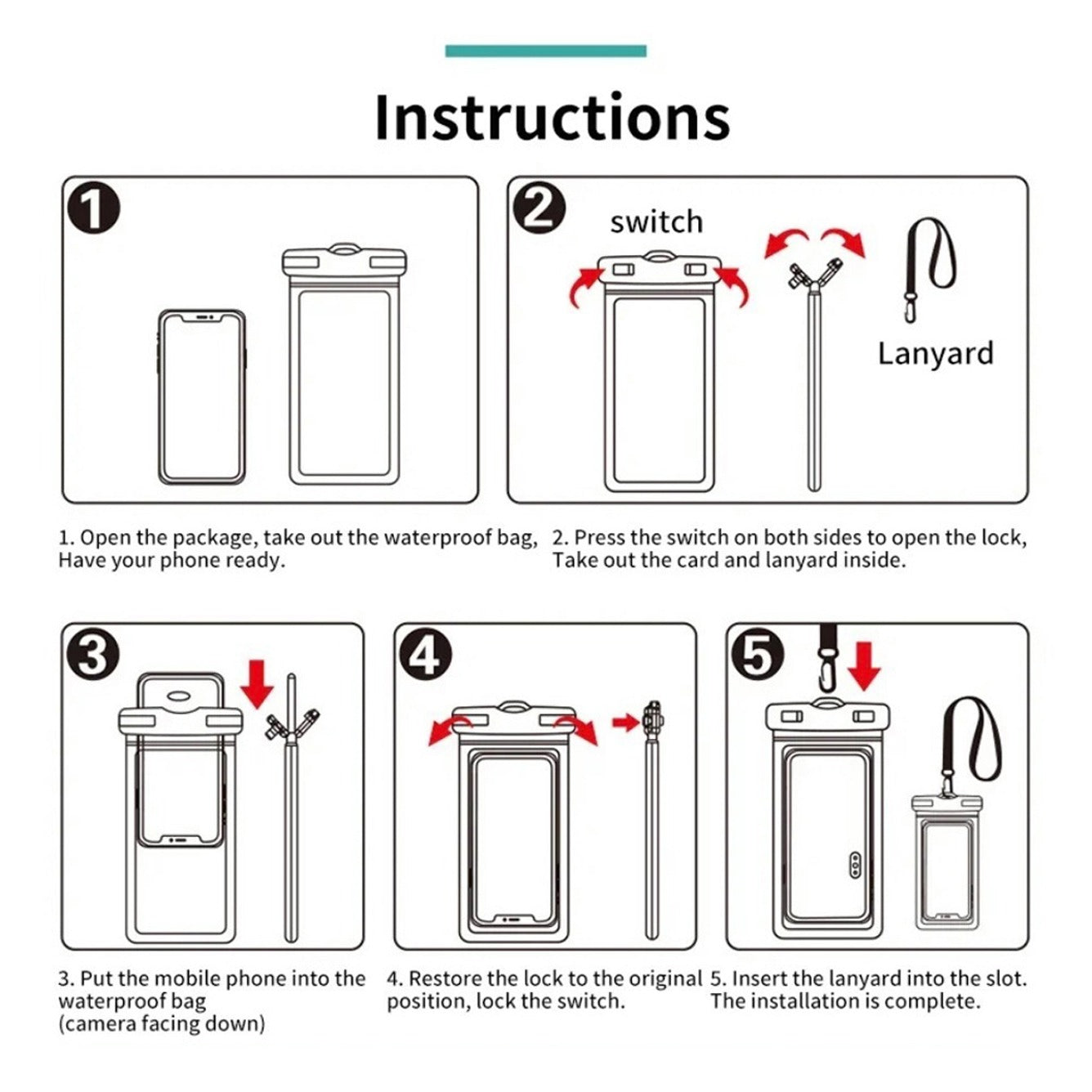 Universal Waterproof Phone Bag with instructions