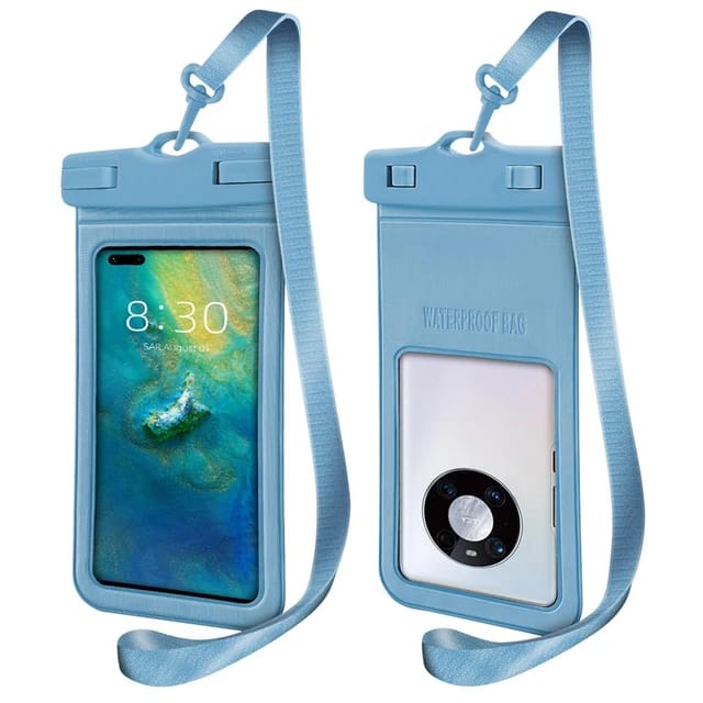 Blue Universal Waterproof Phone Bag with attached lanyard