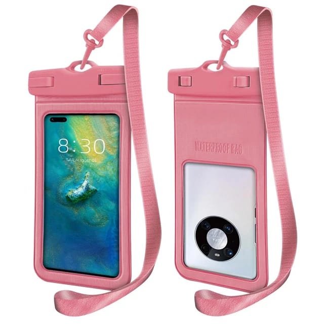 pink Universal Waterproof Phone Bag with attached lanyard