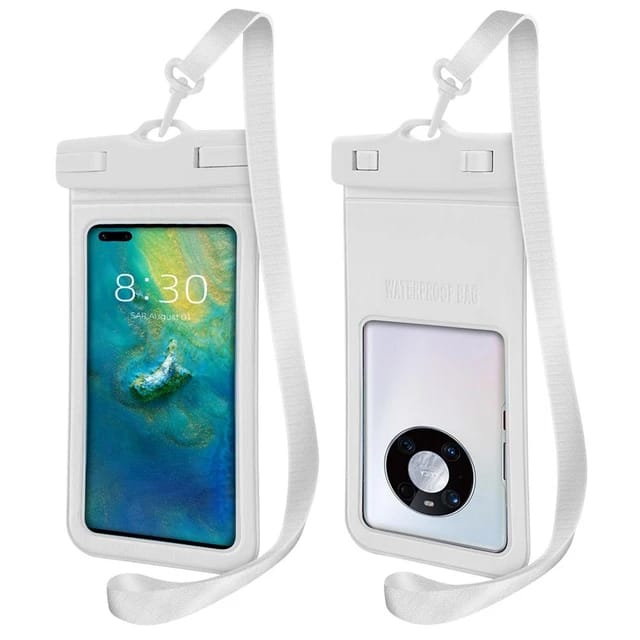 White Universal Waterproof Phone Bag with attached lanyard