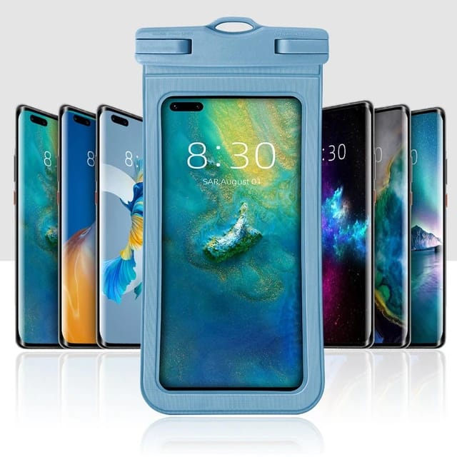Universal Waterproof Phone Bag placed near multiple mobile devices