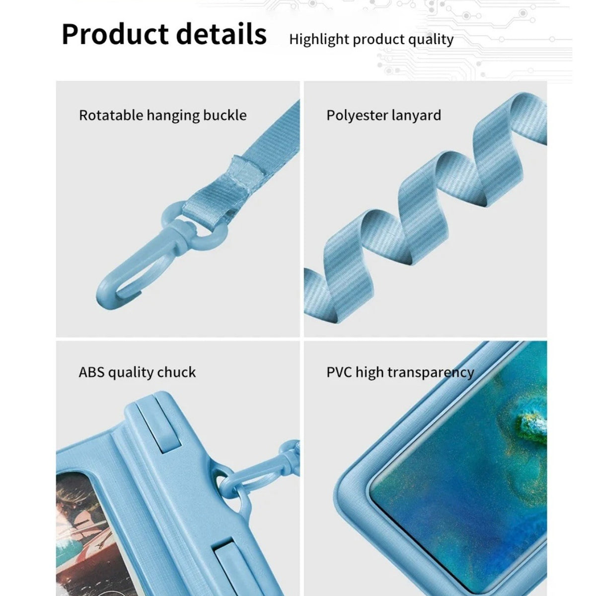 A collage showcasing various features of the Universal Waterproof Phone Bag