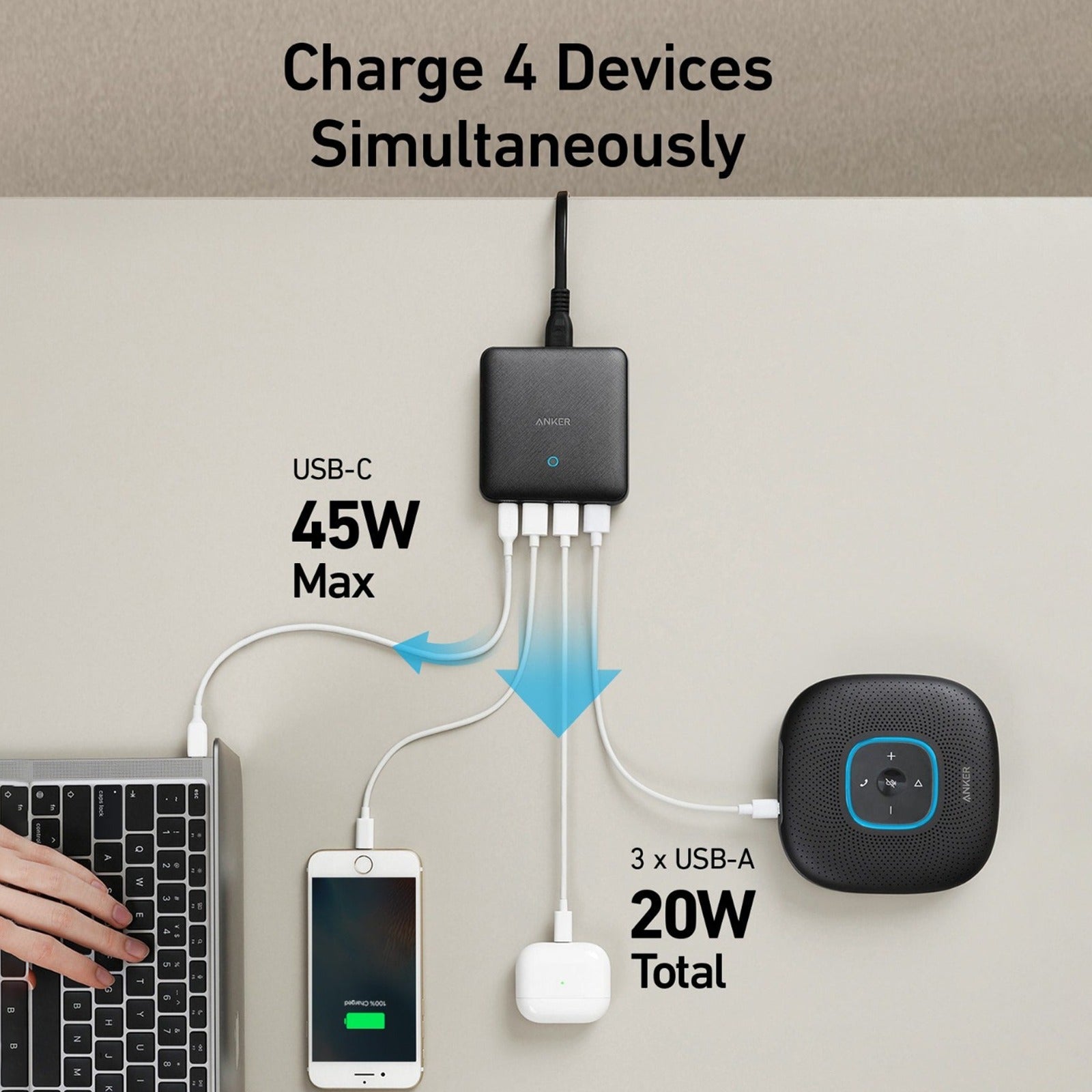 Charge 4 devices simultaneously with Anker PowerPort Atom 3 Slim 65W