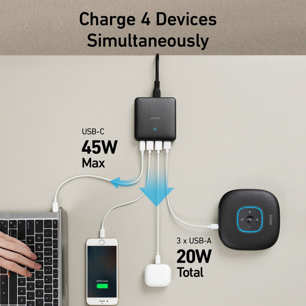 Anker PowerPort Atom 3 Slim 65W, 4-Port High-Speed Multi-Port Fast Charging Station - A2045K11 Anker PowerPort Atom 3 Slim 65W, 4-Port High-Speed Multi-Port Fast Charging Station - A2045K11
