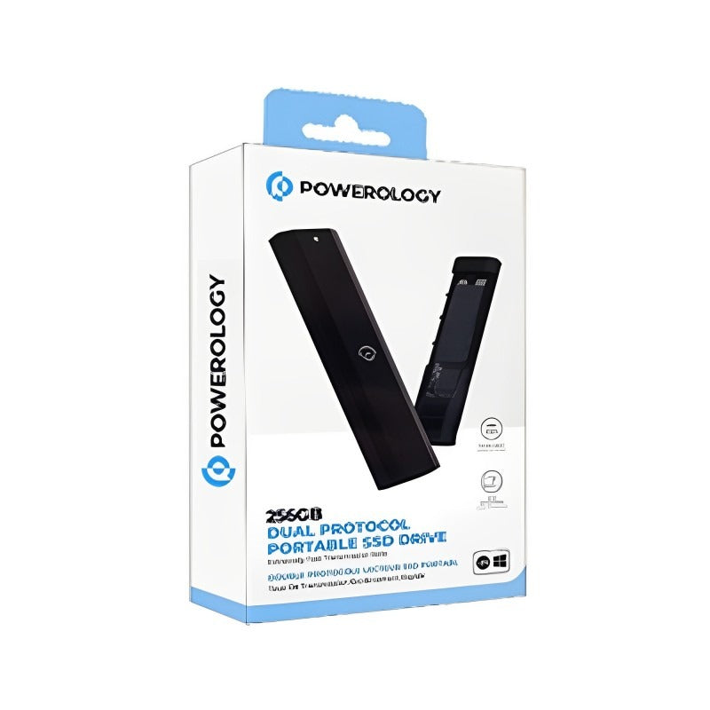 Powerology Dual Protocol Portable SSD Drive 256GB PWSSD256BK with its box