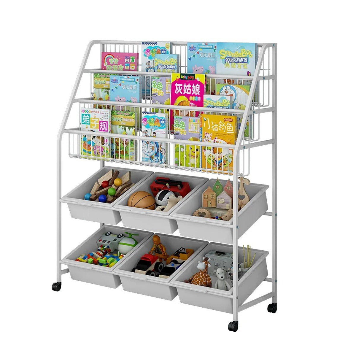 Kids Bookshelf and Toy Storage Organizer Rack, Display Shelf with 6 Storage Bins and Wheels
