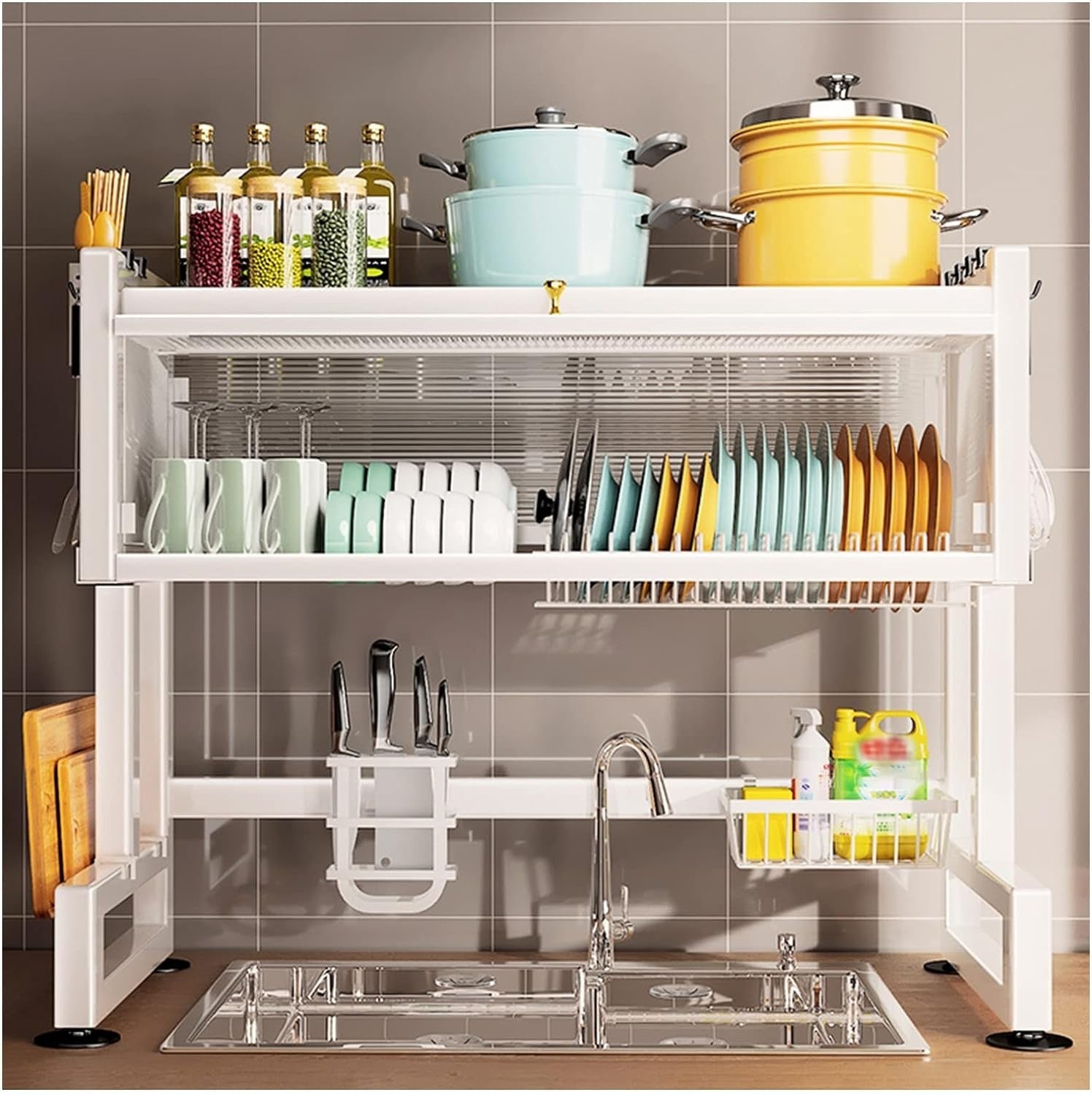 white sink dish drying rack in kitchen