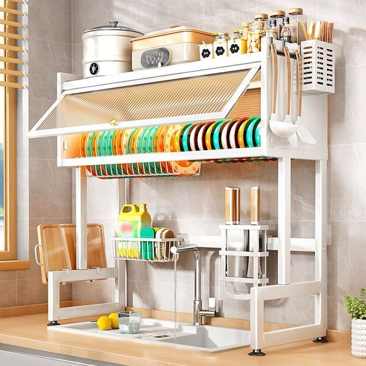 organized white sink dish drying rack