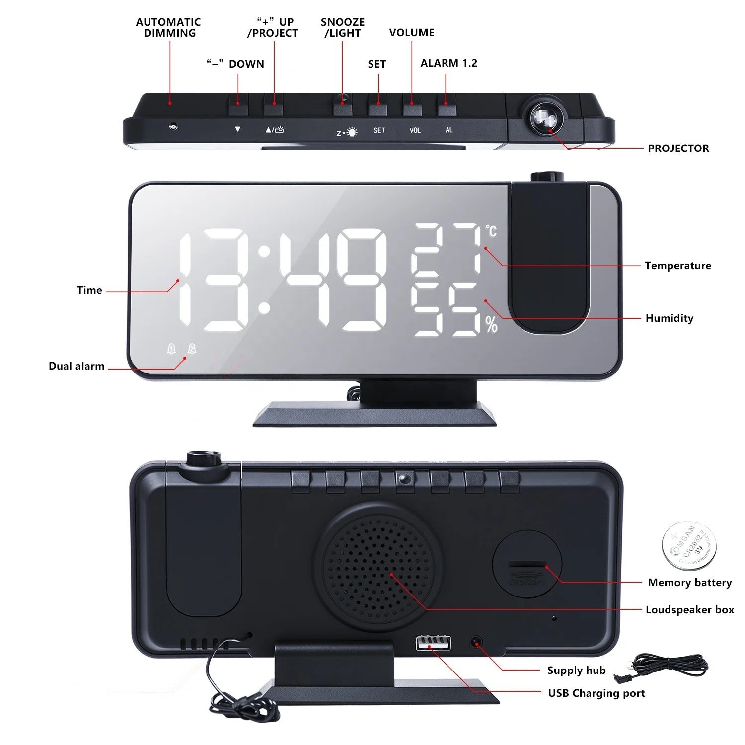 LED Projection Alarm Clock - Digital Display, Humidity, and Mirror Surface