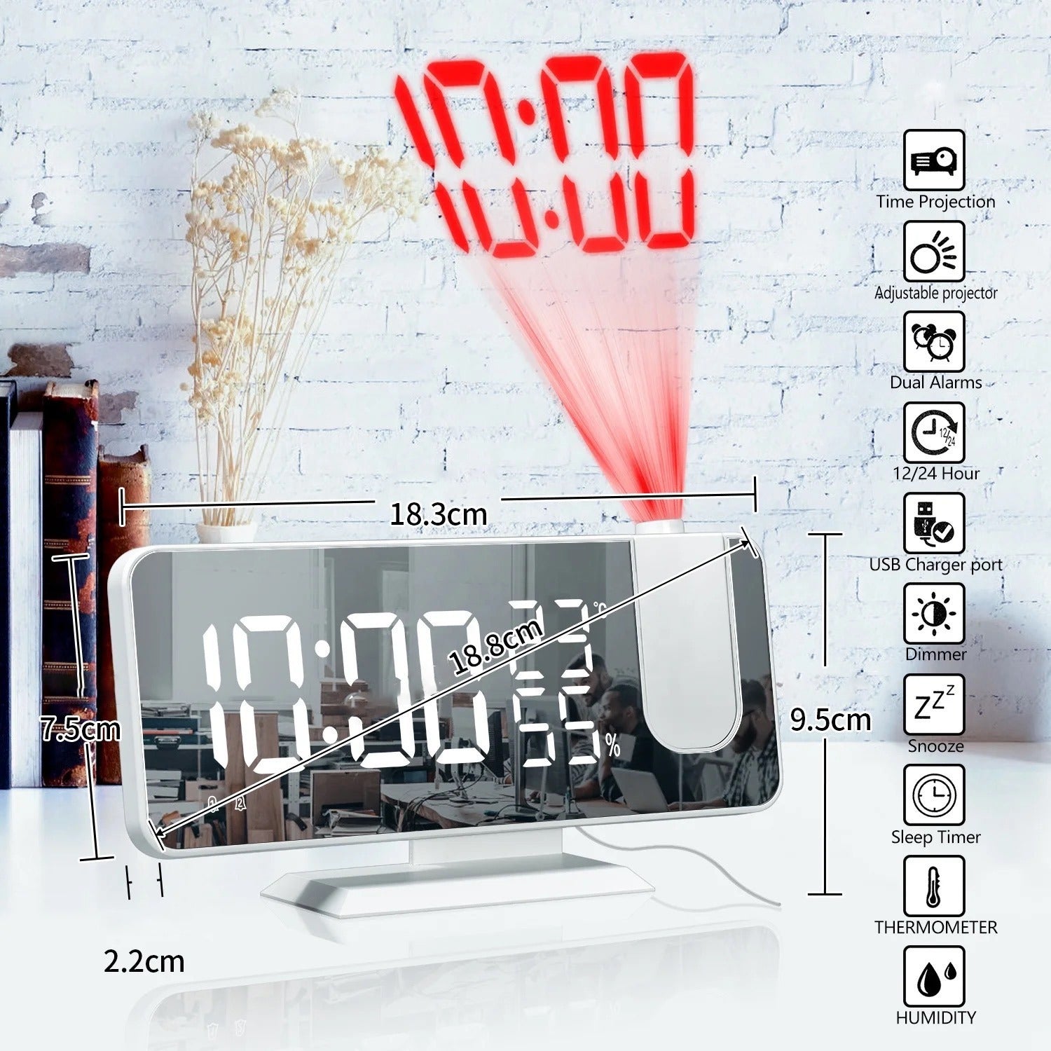 LED Projection Alarm Clock - Digital Display, Humidity, FM Radio, and Mirror Surface