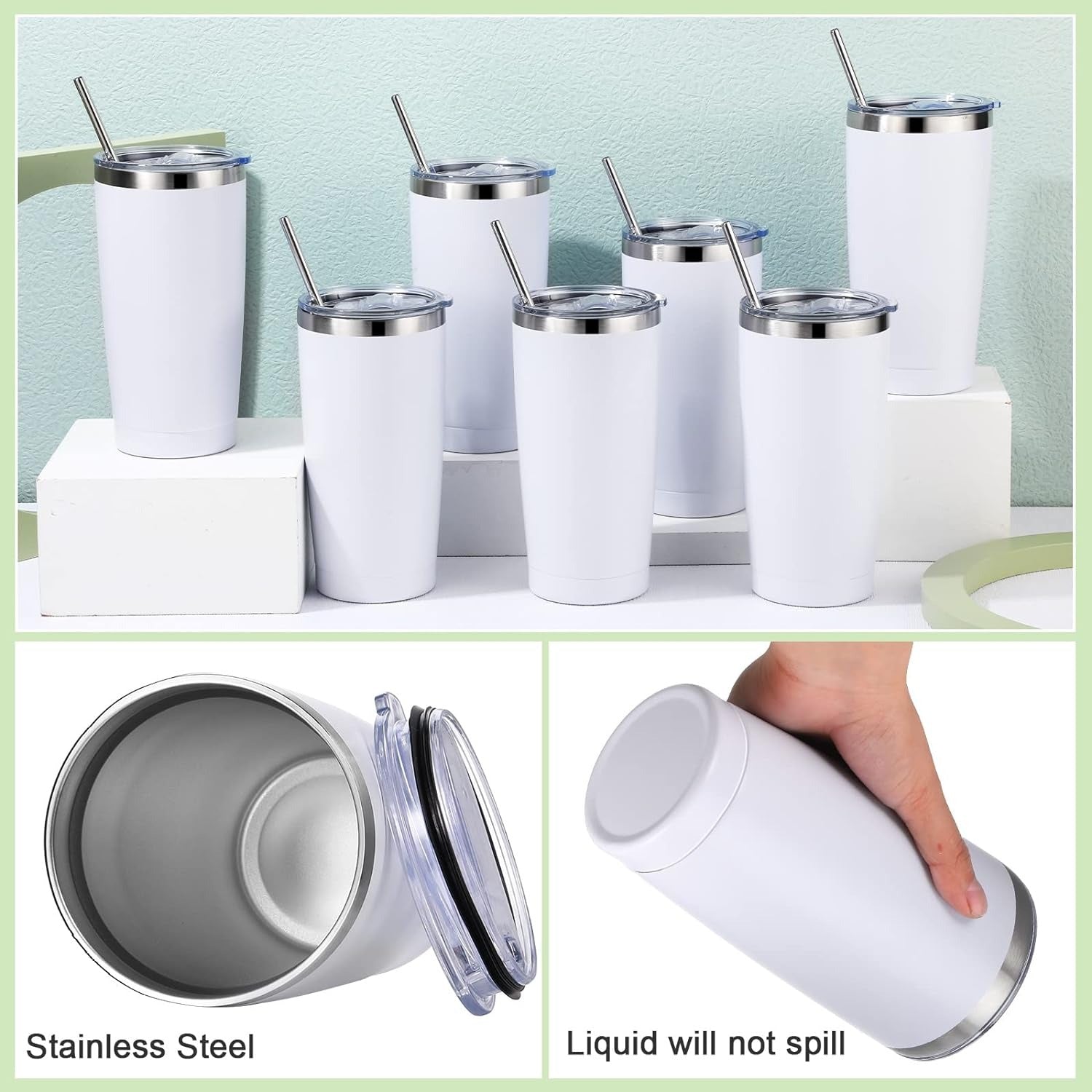 white Stainless Steel Thermal Travel Mug with straws