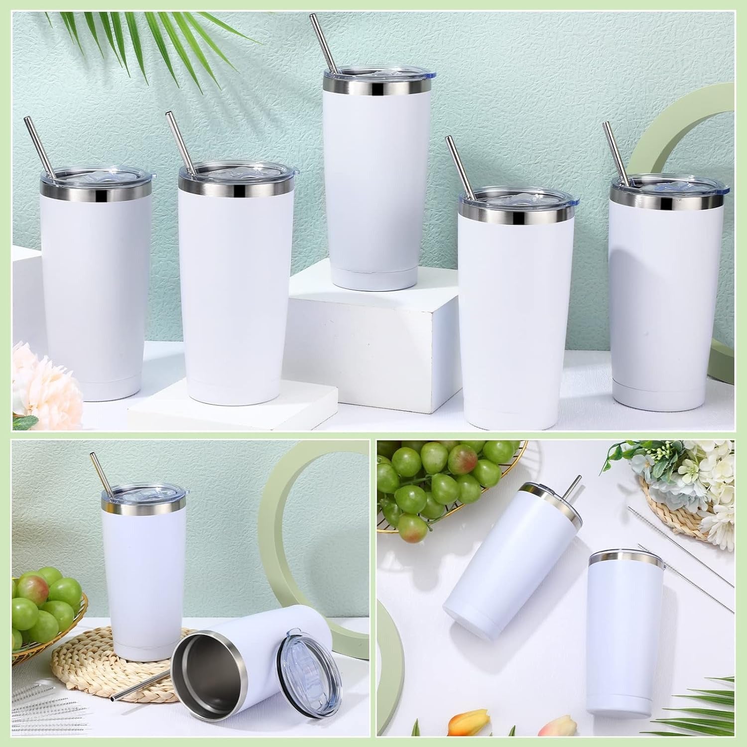 white Stainless Steel Thermal Travel Tumbler with straw