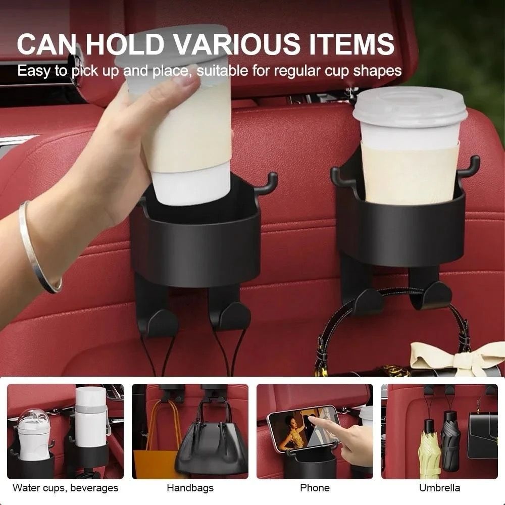 women keeping her cup in Car Seat Back Cup Holder with Hook in the vehicle