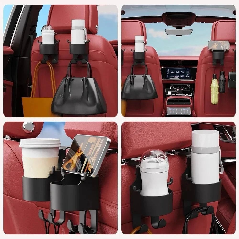 4 different pictures showing the uses of Car Seat Back Cup Holder with Hook