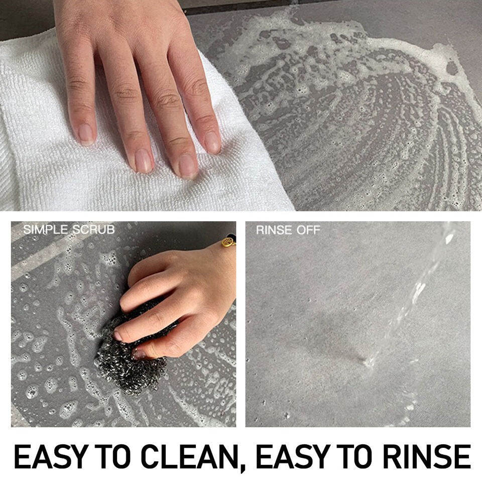 women cleaning the Easy Cleaning Rug in kitchen