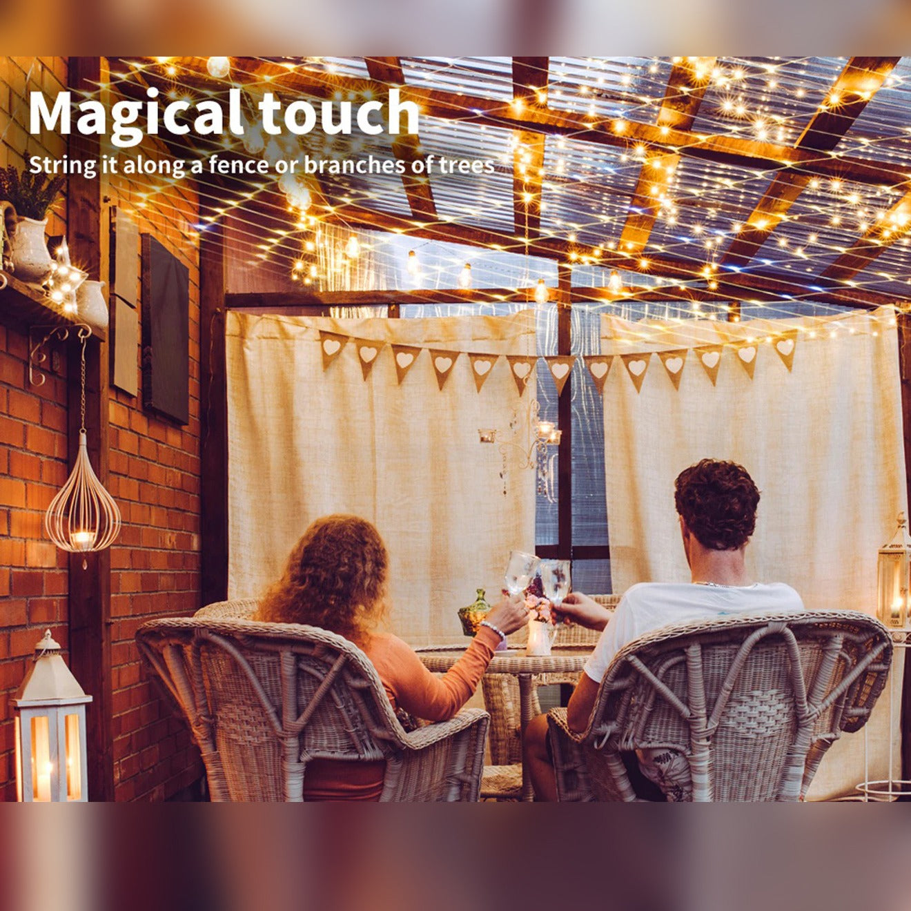 couple enjoying their feast in their privacy area which is beautified with Solar LED Mesh String Lights