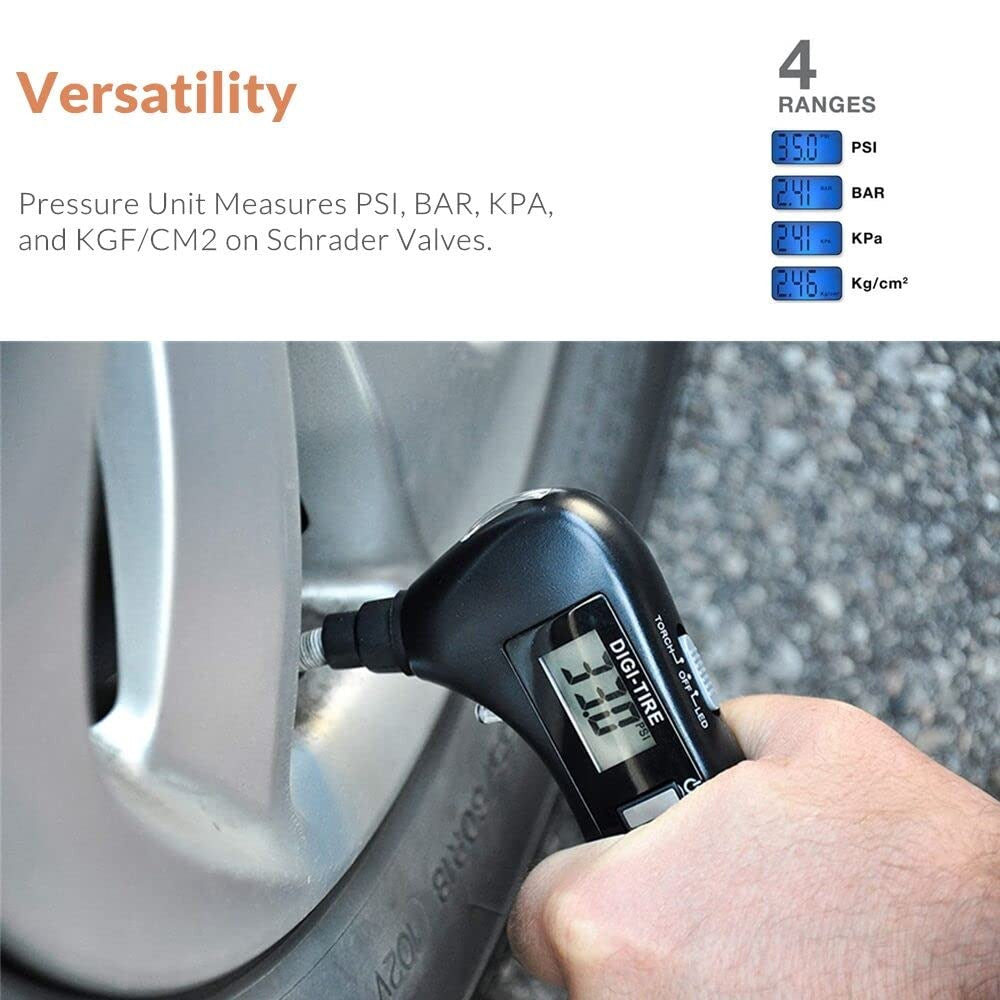 someone checking the pressure of tire with 9 in 1 Digital Tire Pressure Gauge