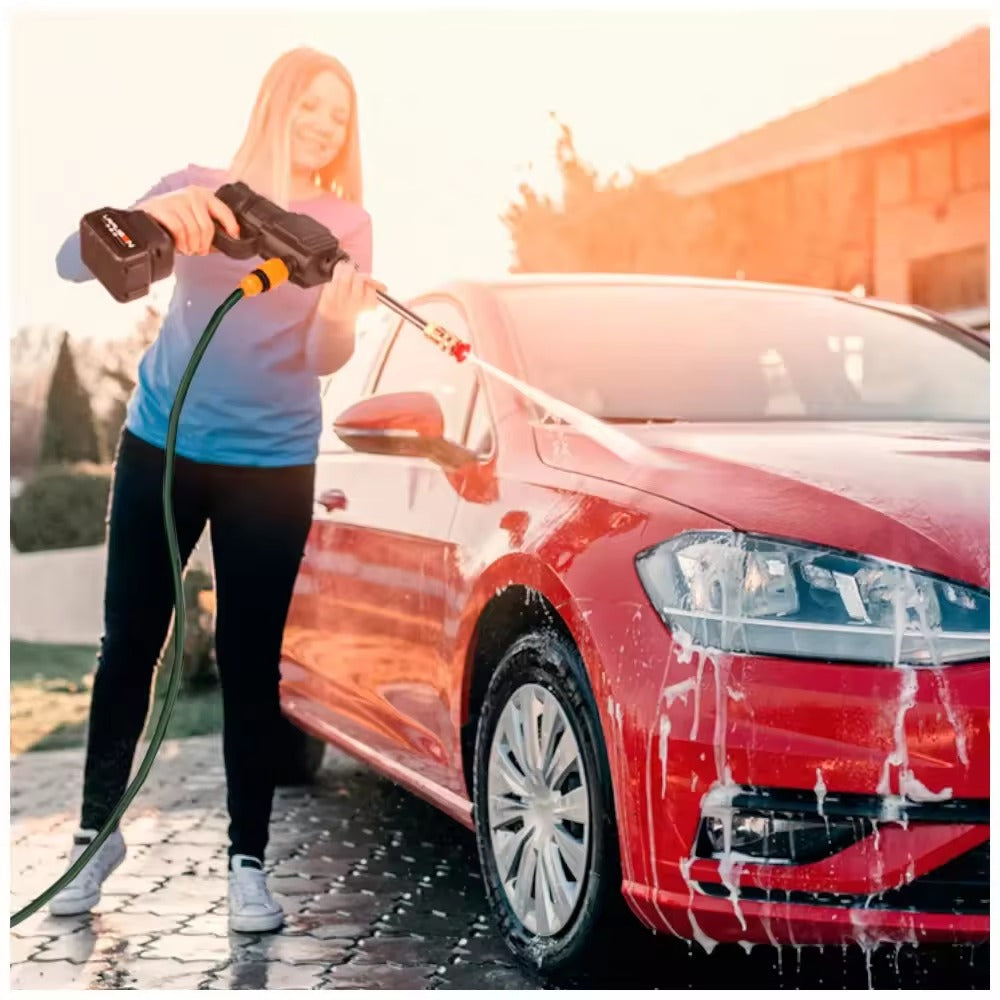 lady cleaning her car using Cordless Car Washing Water Gun