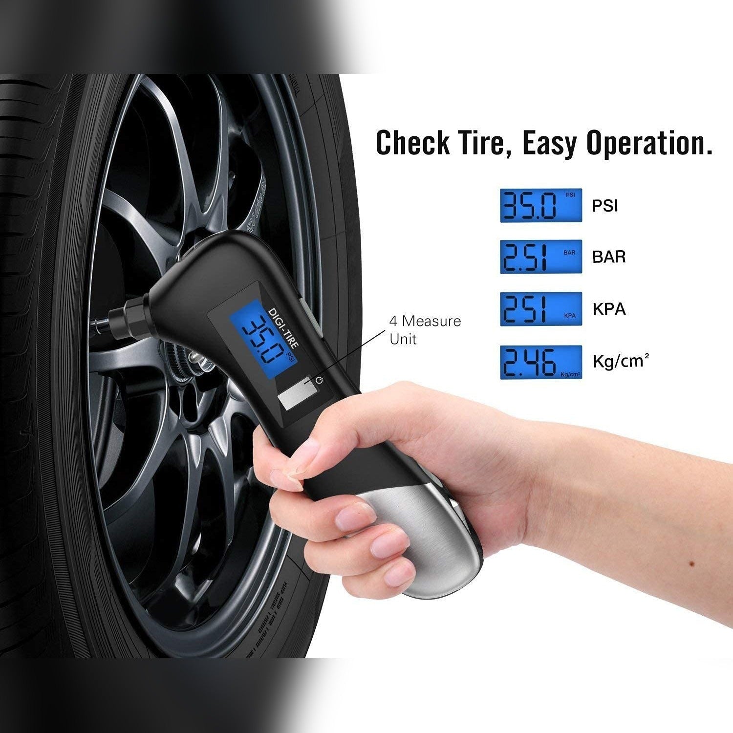 someone checking tire pressure using 9 in 1 Digital Tire Pressure Gauge