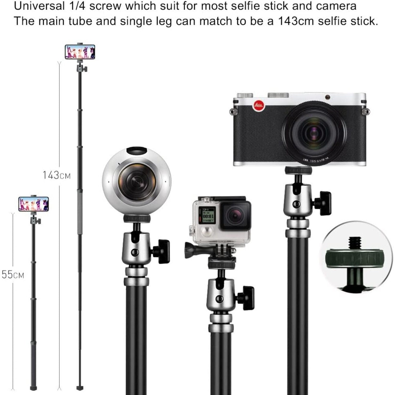 1/4 screw goes well with most selfie stick of Momax Match 360 Camera, Tripod Hero