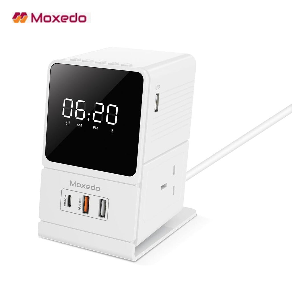 Moxedo Multi-function Desktop Charging Hub, Wireless Bluetooth Speaker, Alarm Clock Moxedo Multi-function Desktop Charging Hub, Wireless Bluetooth Speaker, Alarm Clock