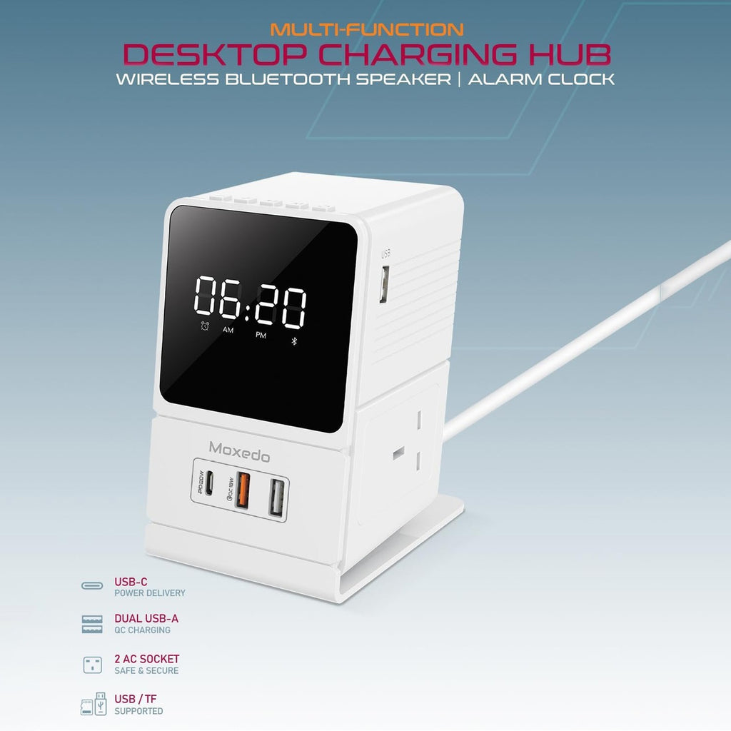 Moxedo Multi-function Desktop Charging Hub, Wireless Bluetooth Speaker, Alarm Clock Moxedo Multi-function Desktop Charging Hub, Wireless Bluetooth Speaker, Alarm Clock