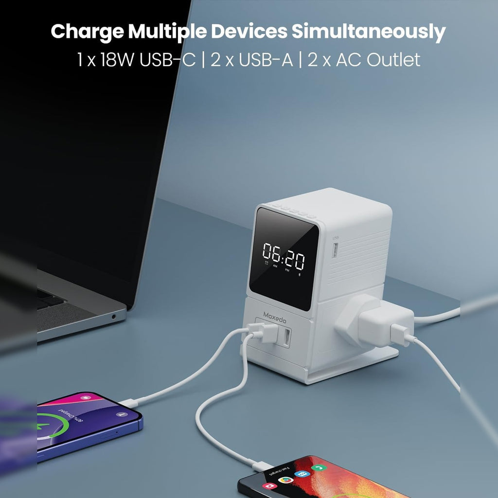 Moxedo Multi-function Desktop Charging Hub, Wireless Bluetooth Speaker, Alarm Clock Moxedo Multi-function Desktop Charging Hub, Wireless Bluetooth Speaker, Alarm Clock