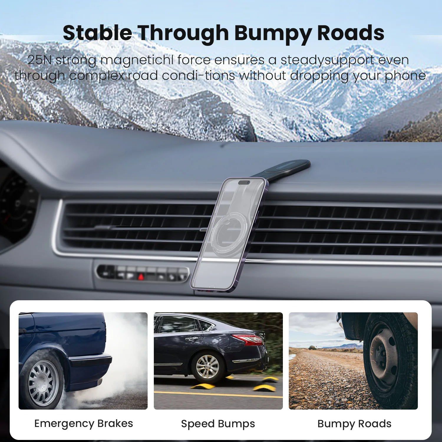 Moxedo Magnetic Car Mount Phone Holder keeps the mobile stable in bumpy roads