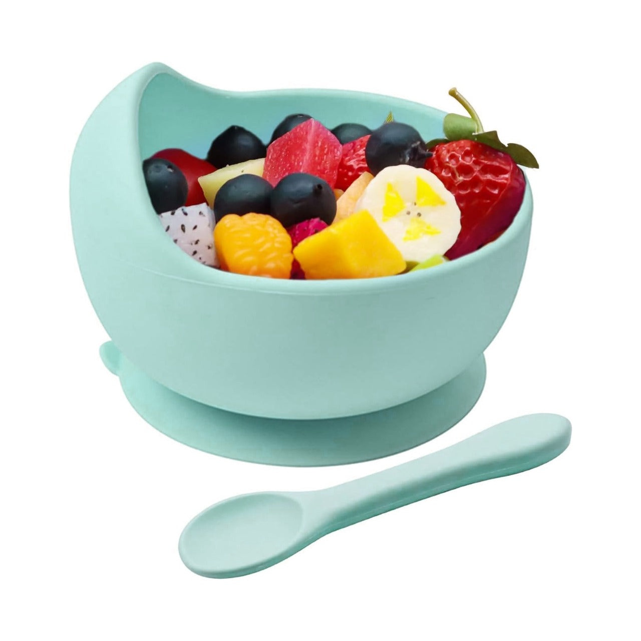 Baby Silicone Feeding Bowl With Fruits in it.