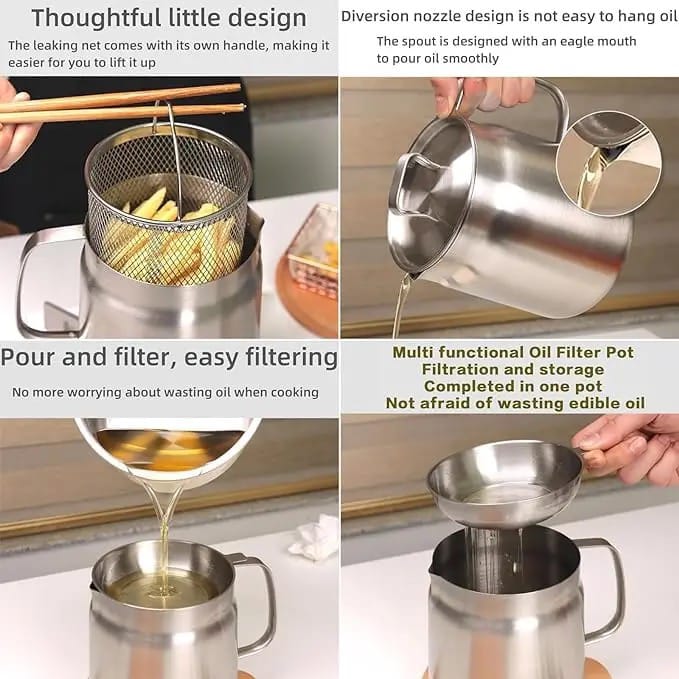 A Person is Frying Potato and Straining the Oil Using Stainless Steel Oil Strainer Storage Pot.