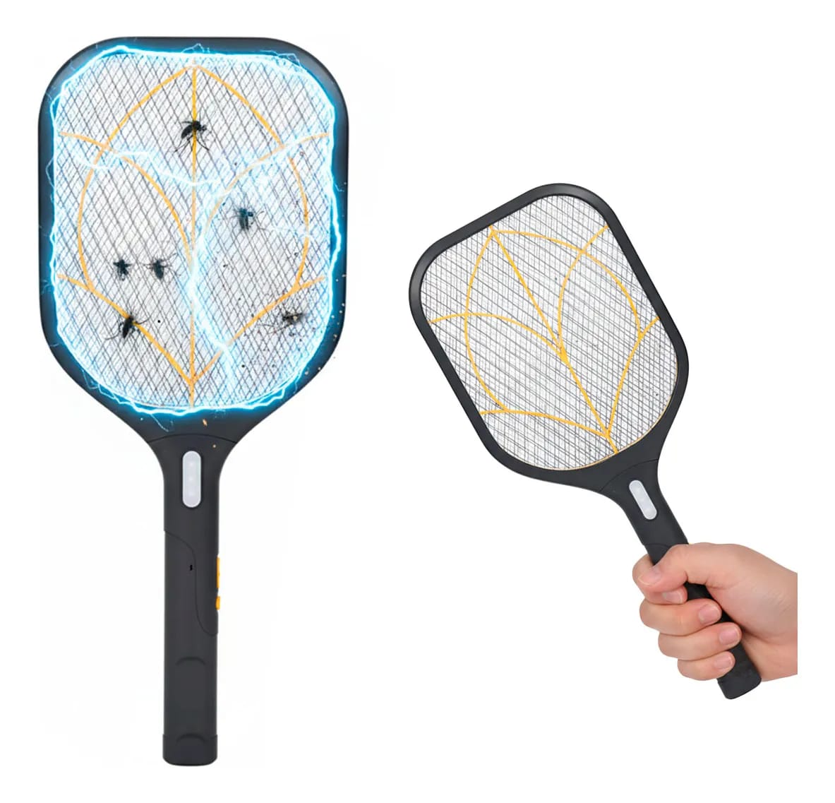 A Person is Holding Gecko Electric Mosquito Racket in which Mosquito is Trapped.