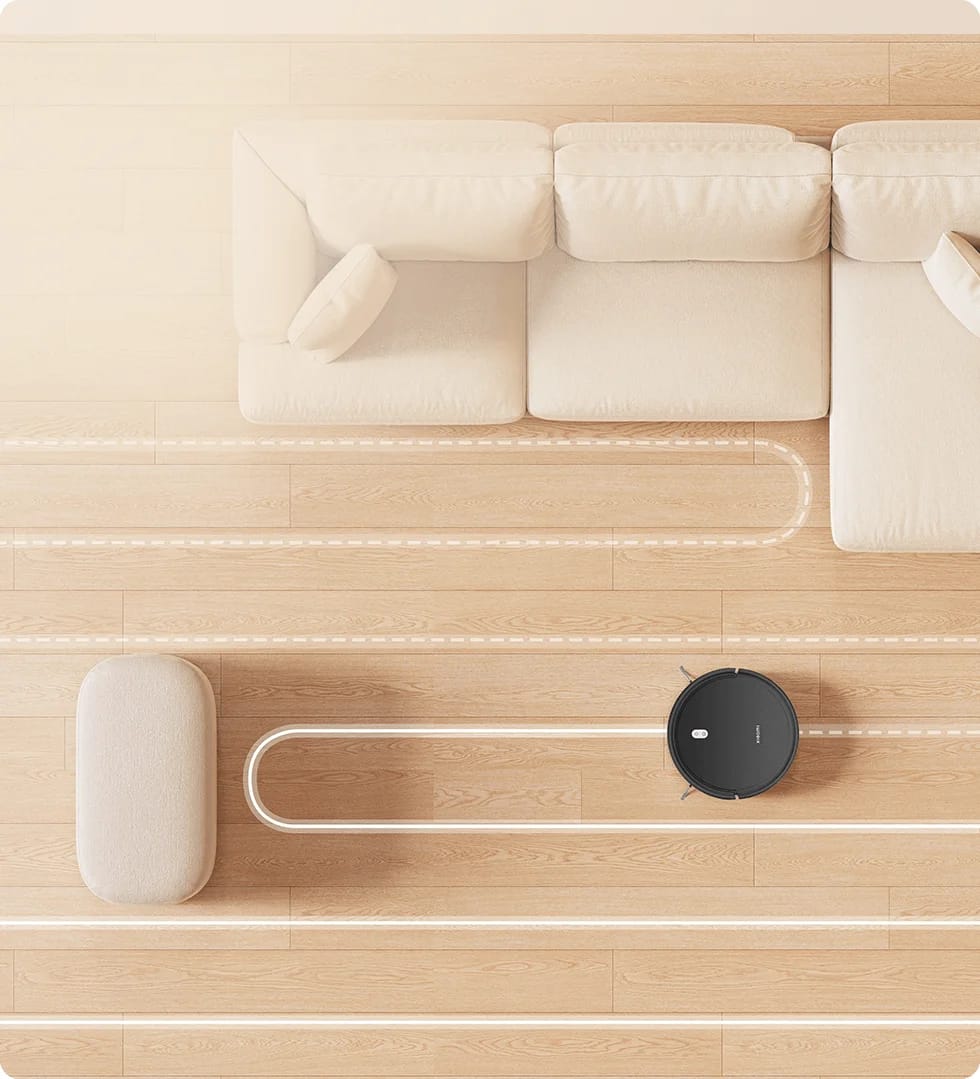 A Xiaomi Robot Vacuum E5, Robotic Vacuum Cleaner is Cleaning the Floor.