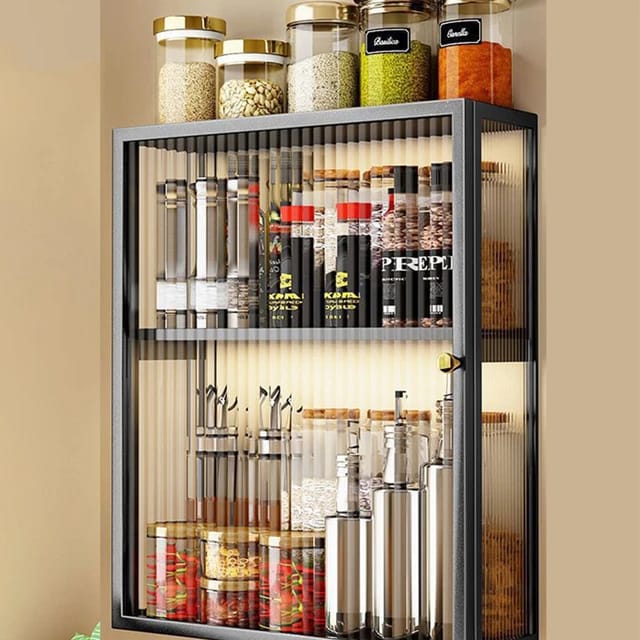 Multi-Purpose Storage Cabinet With Kitchen Items Attached On The Wall.